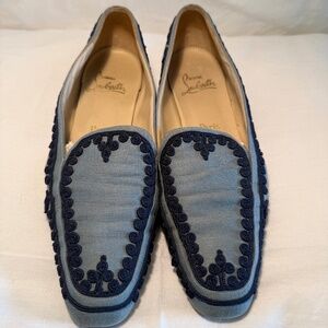 Vintage Christian Louboutin Blue Canvas Embroidered Loafers